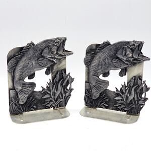 Metzke Pewter Bass Bookends Vintage Fishing Decor